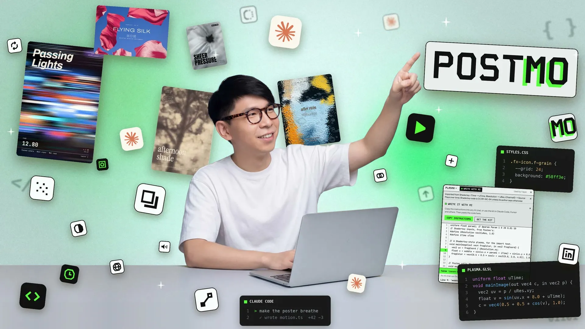 Ning at a laptop pointing up at the Postmo wordmark, surrounded by Postmo templates, interface icons and shader code