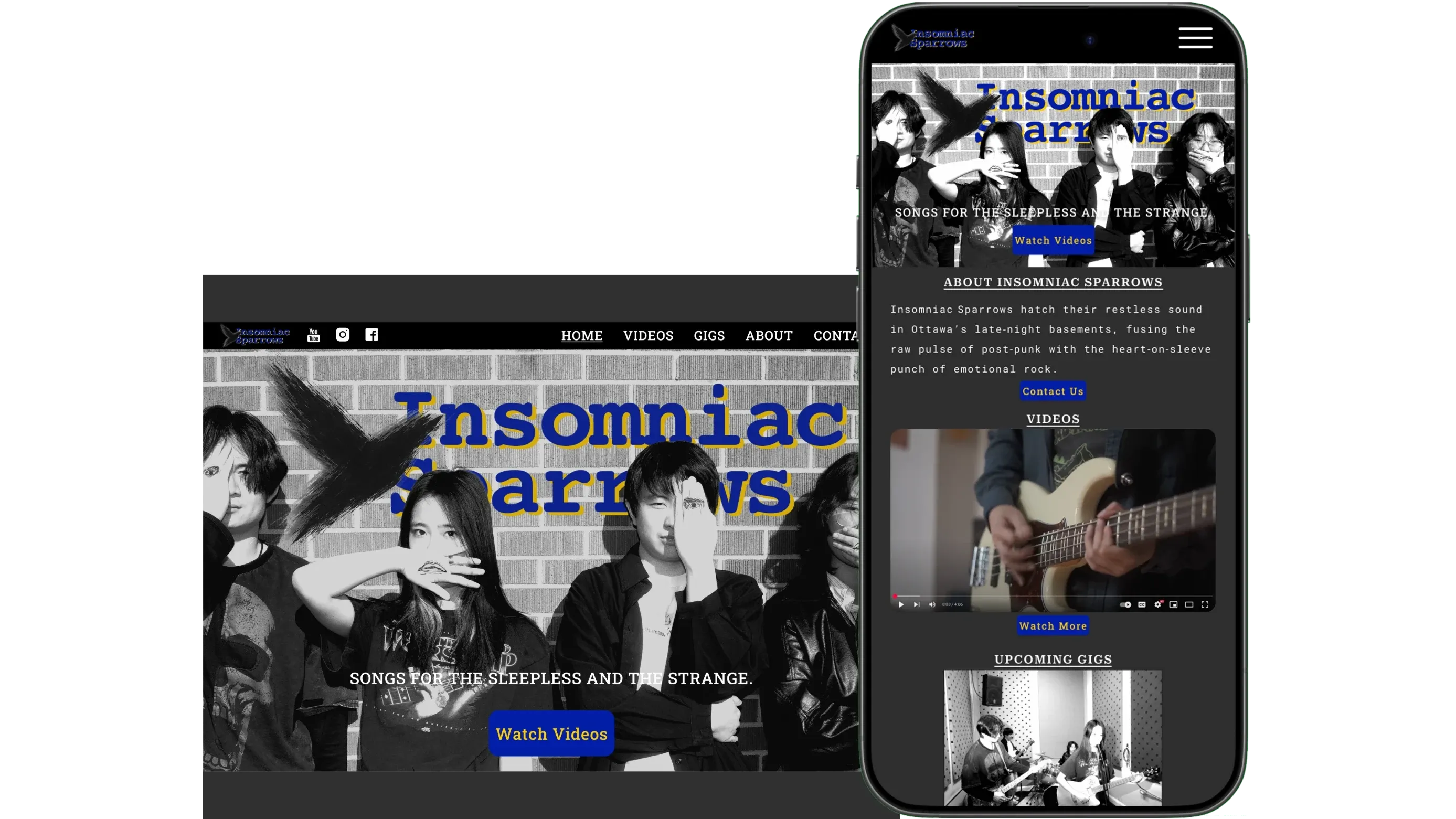 The Insomniac Sparrows website on a desktop screen and a phone, with the band's black-and-white photo behind the blue and yellow wordmark