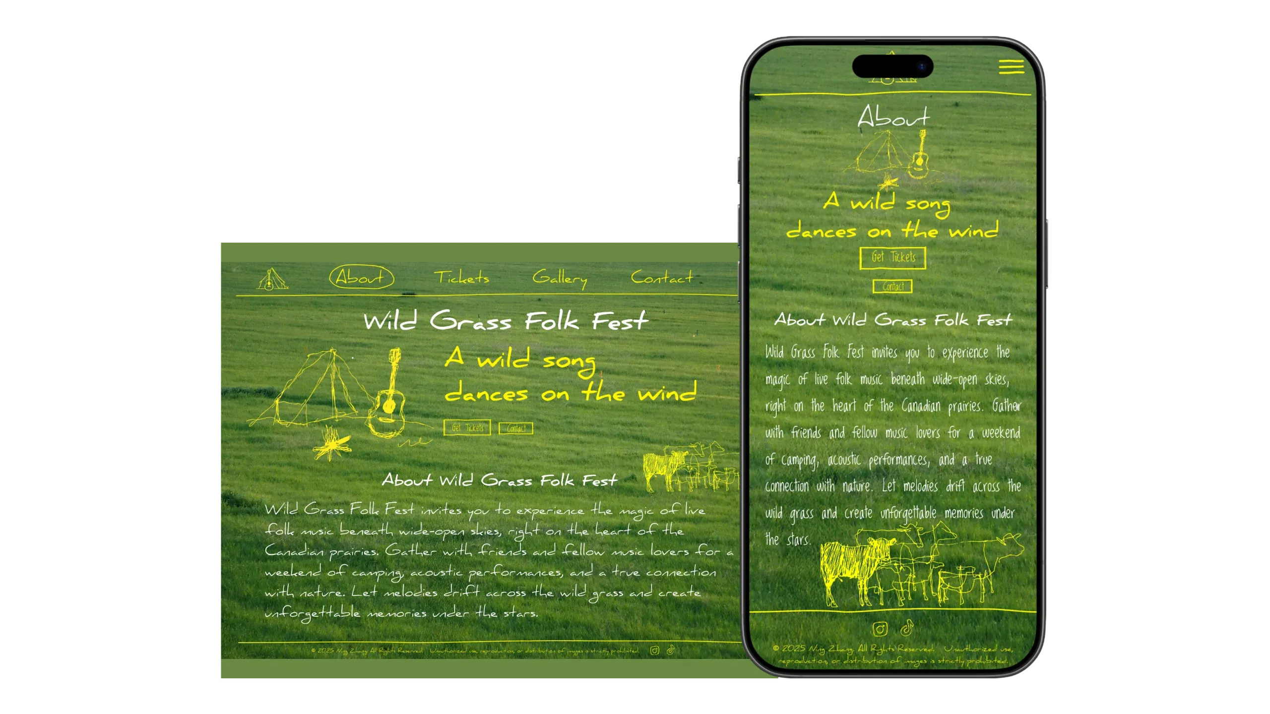 The Wild Grass Folk Fest website on a desktop screen and a phone, with yellow line drawings of tents, a guitar and cows over a green field