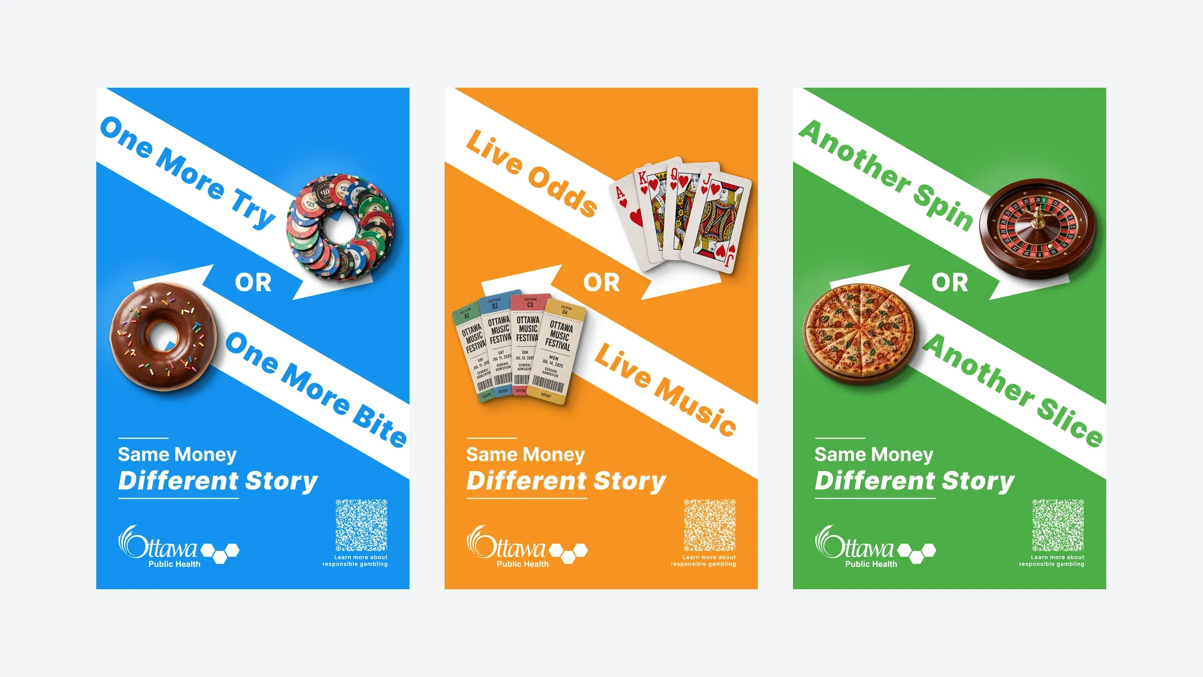 The three redesigned posters side by side in blue, orange and green, pairing casino chips with a donut, playing cards with concert tickets, and a roulette wheel with a pizza