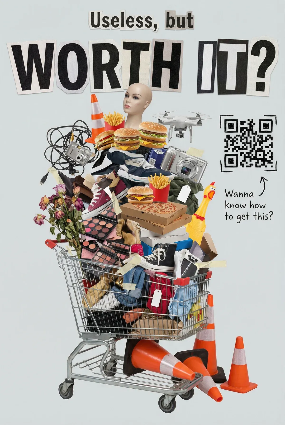 An early poster sketch: a shopping cart overflowing with fast food, traffic cones and junk under the headline Useless, but worth it?