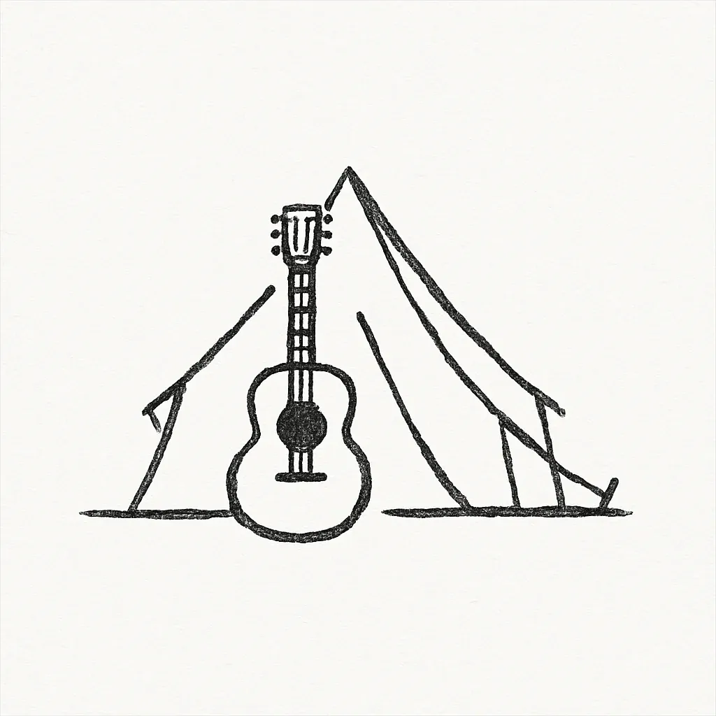 A pencil-style sketch of a guitar standing inside a tent