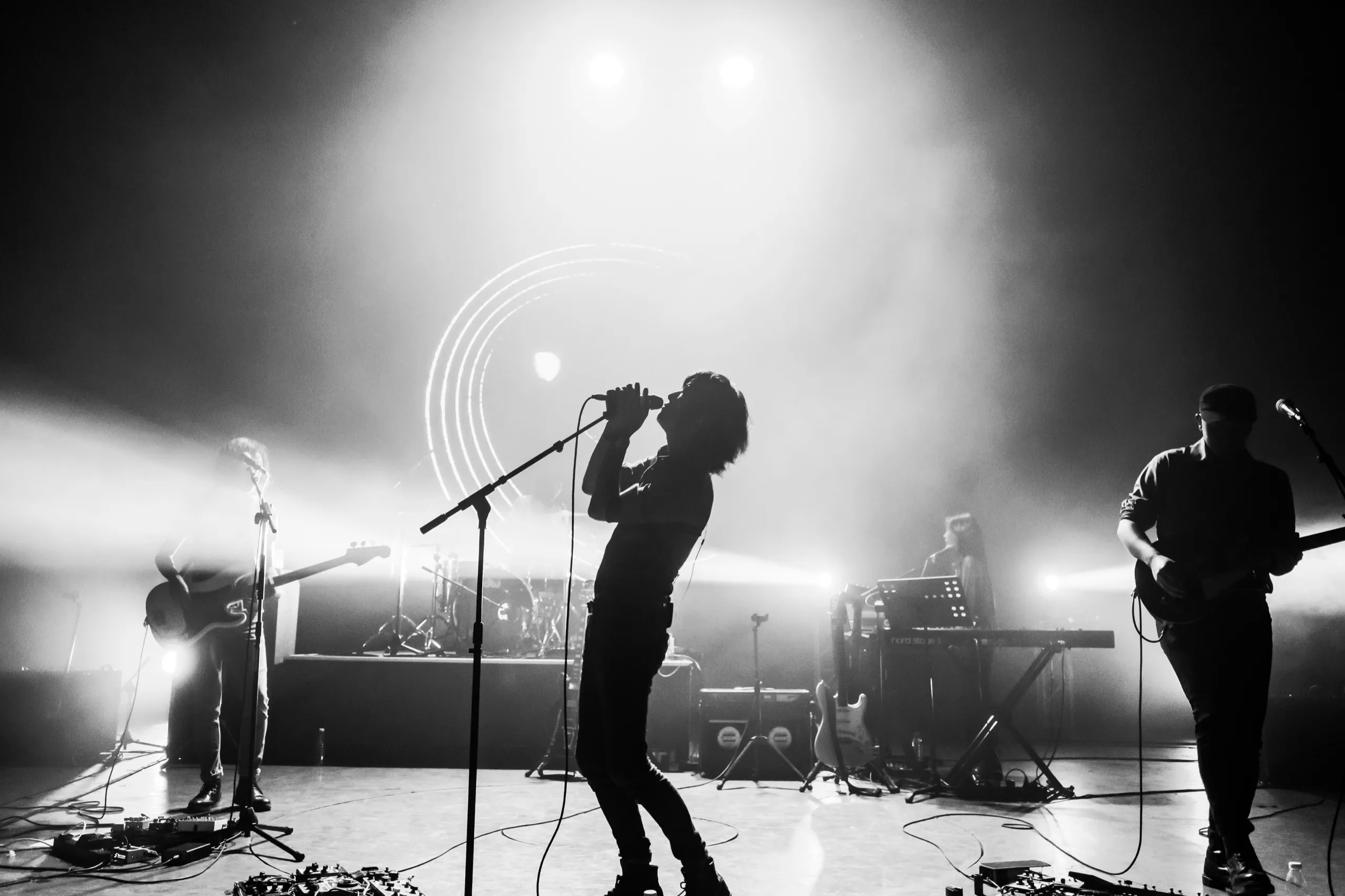 Black-and-white concert: a singer leans back at the microphone, the band in silhouette against stage lights