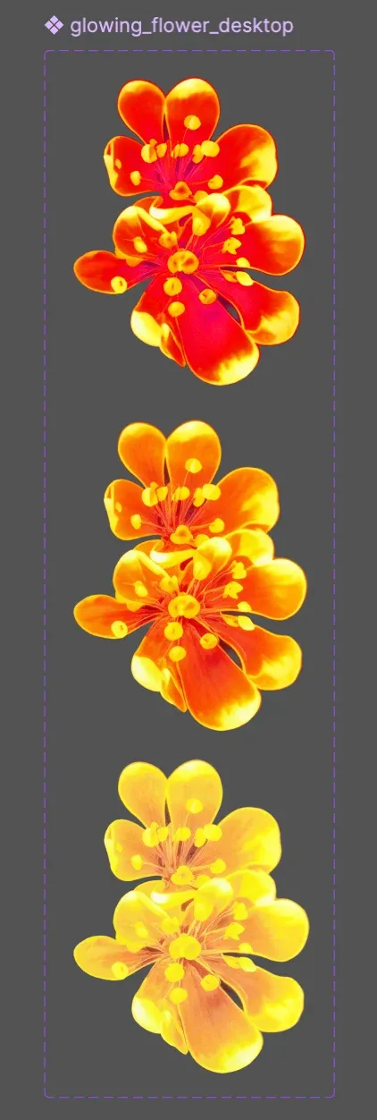 A Figma component with three states of the flower, from red to yellow