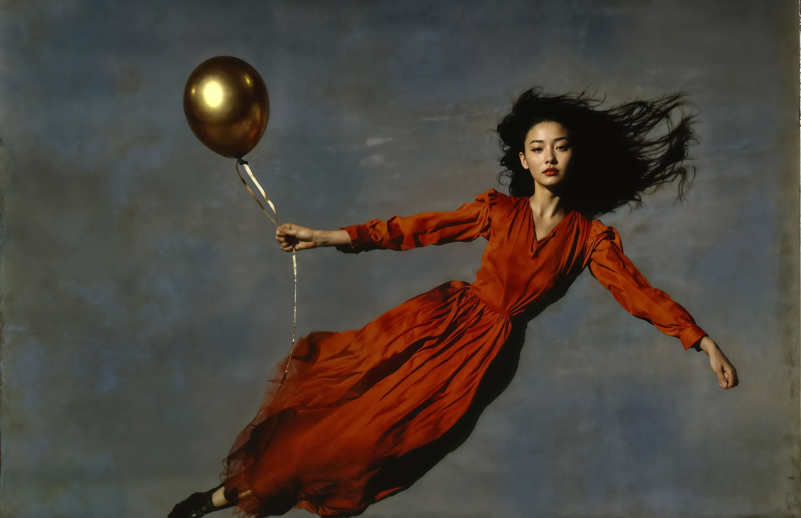 AI-generated image of a woman in a long red dress floating sideways against a grey backdrop, holding a gold balloon