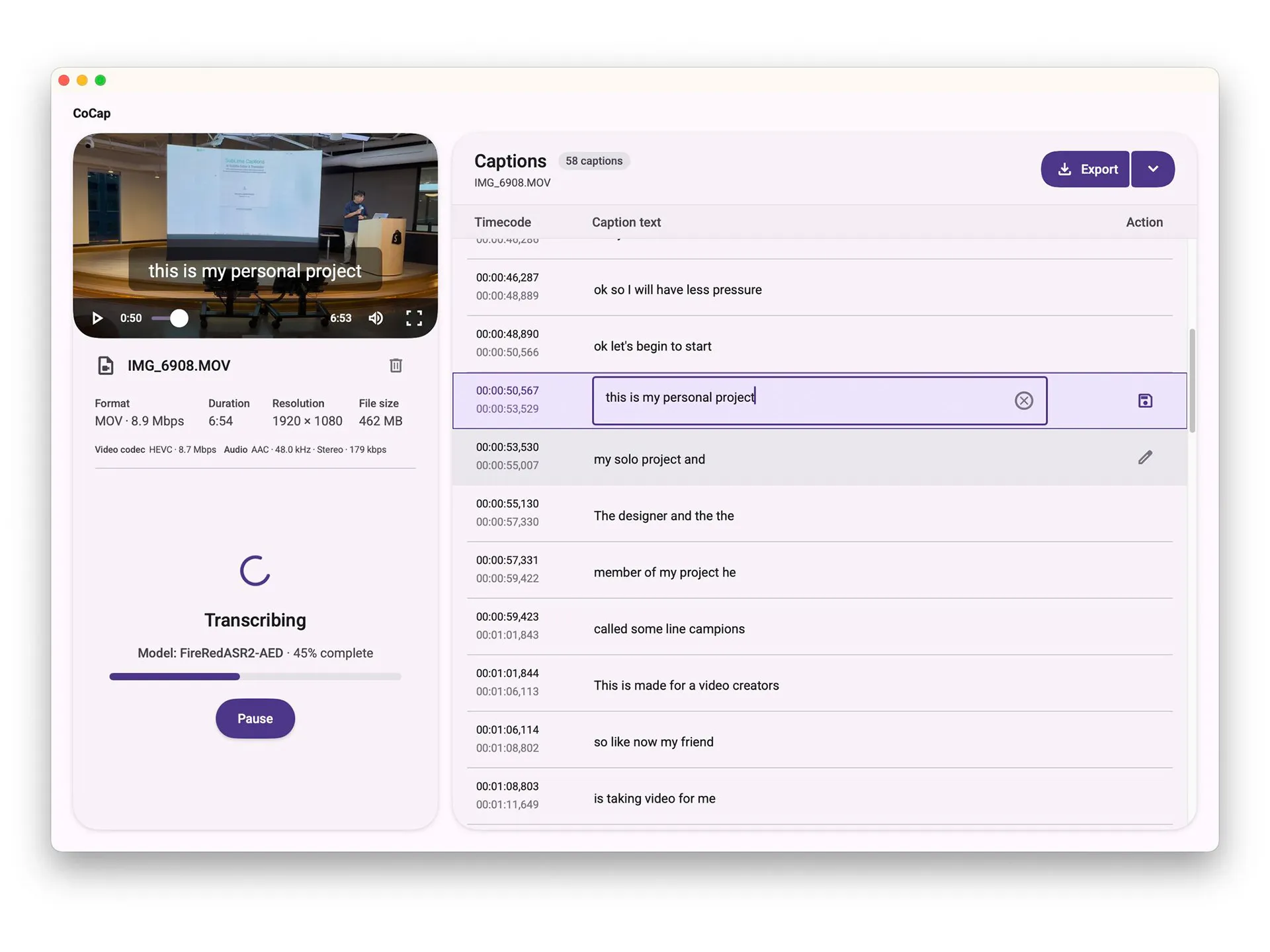 CoCap at 45 percent, with a caption showing on the video and one caption line open for editing in the list on the right