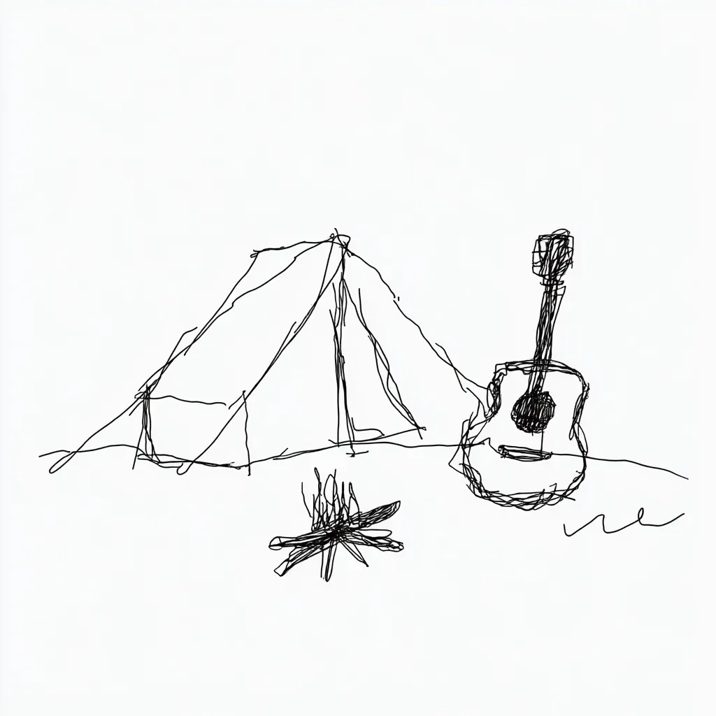A black line sketch of a tent, a guitar and a campfire on white