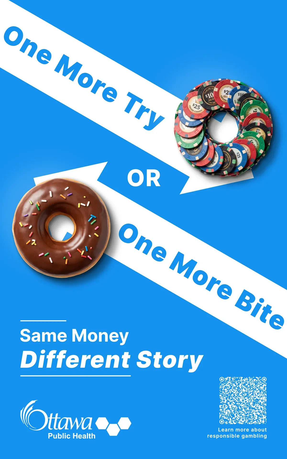 The redesigned blue poster: a photo of stacked casino chips forming a ring above a photo of a chocolate donut, with headlines in white arrows