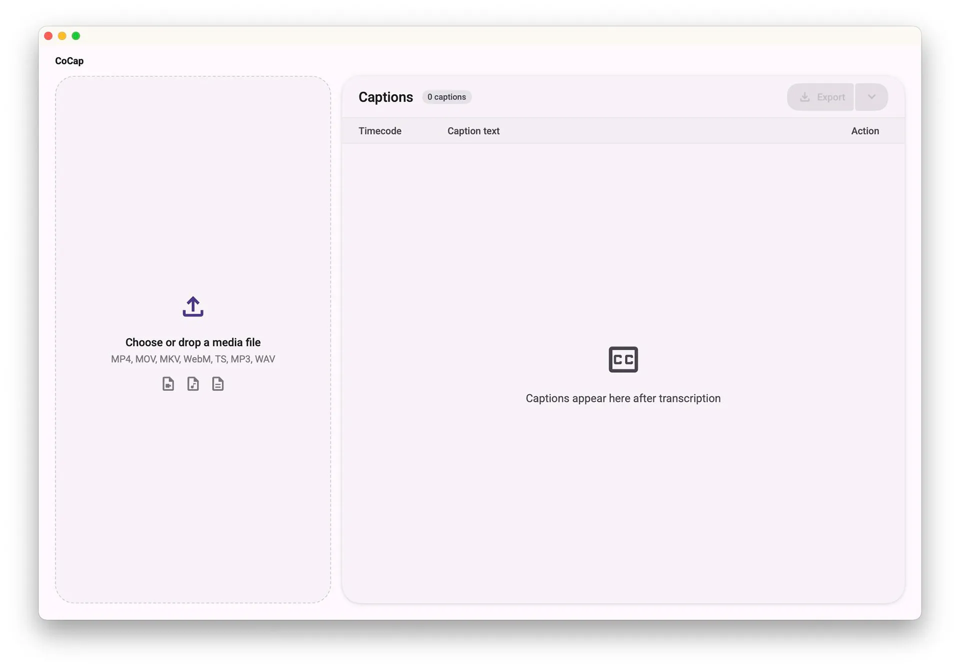 The empty workbench: a dashed drop zone on the left listing supported formats, and an empty caption panel on the right