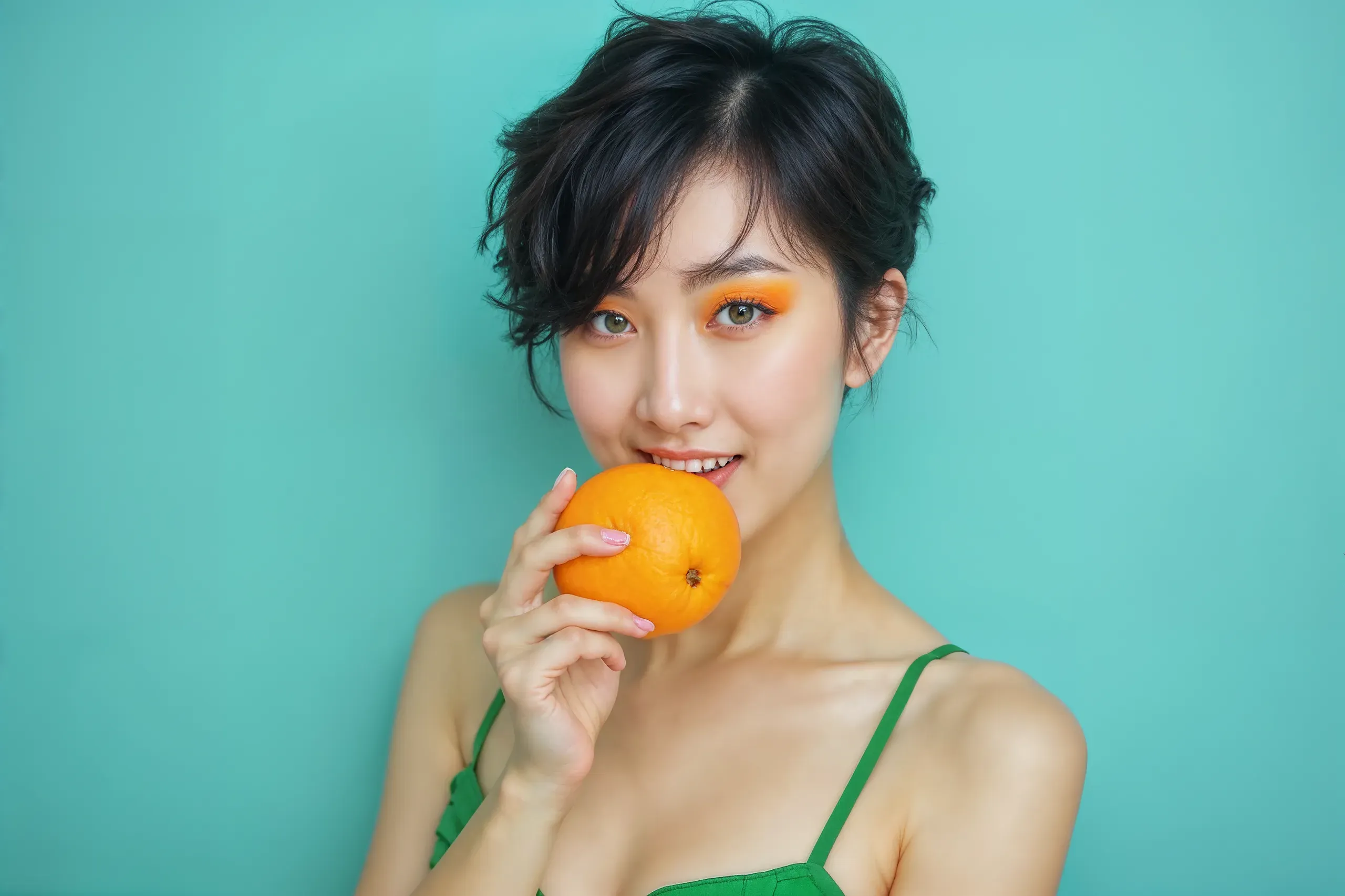 AI-generated portrait of a short-haired woman with orange eyeshadow biting an orange in front of a turquoise wall