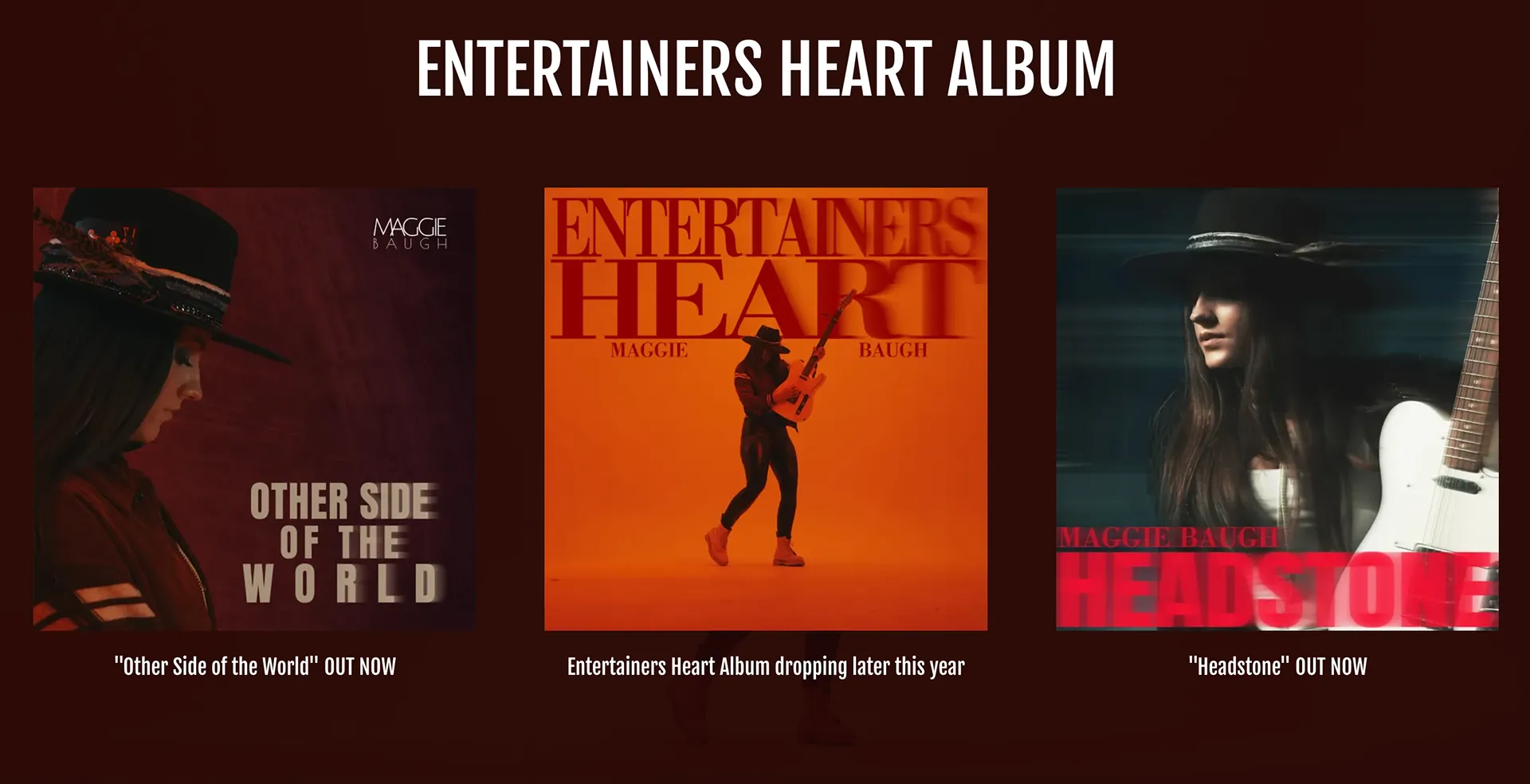 Maggie Baugh's album section: three release covers with short release notes