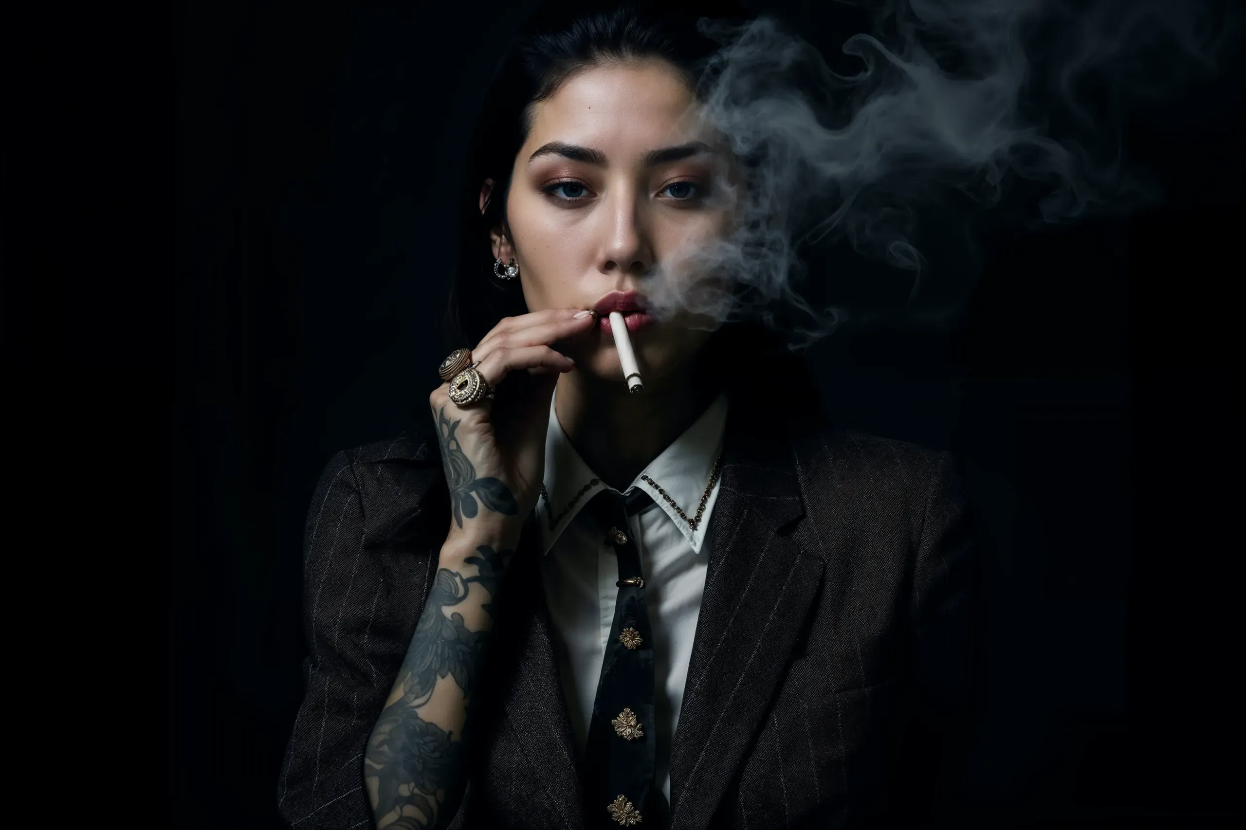 AI-generated portrait of a tattooed woman in a suit and tie smoking a cigarette against a black background