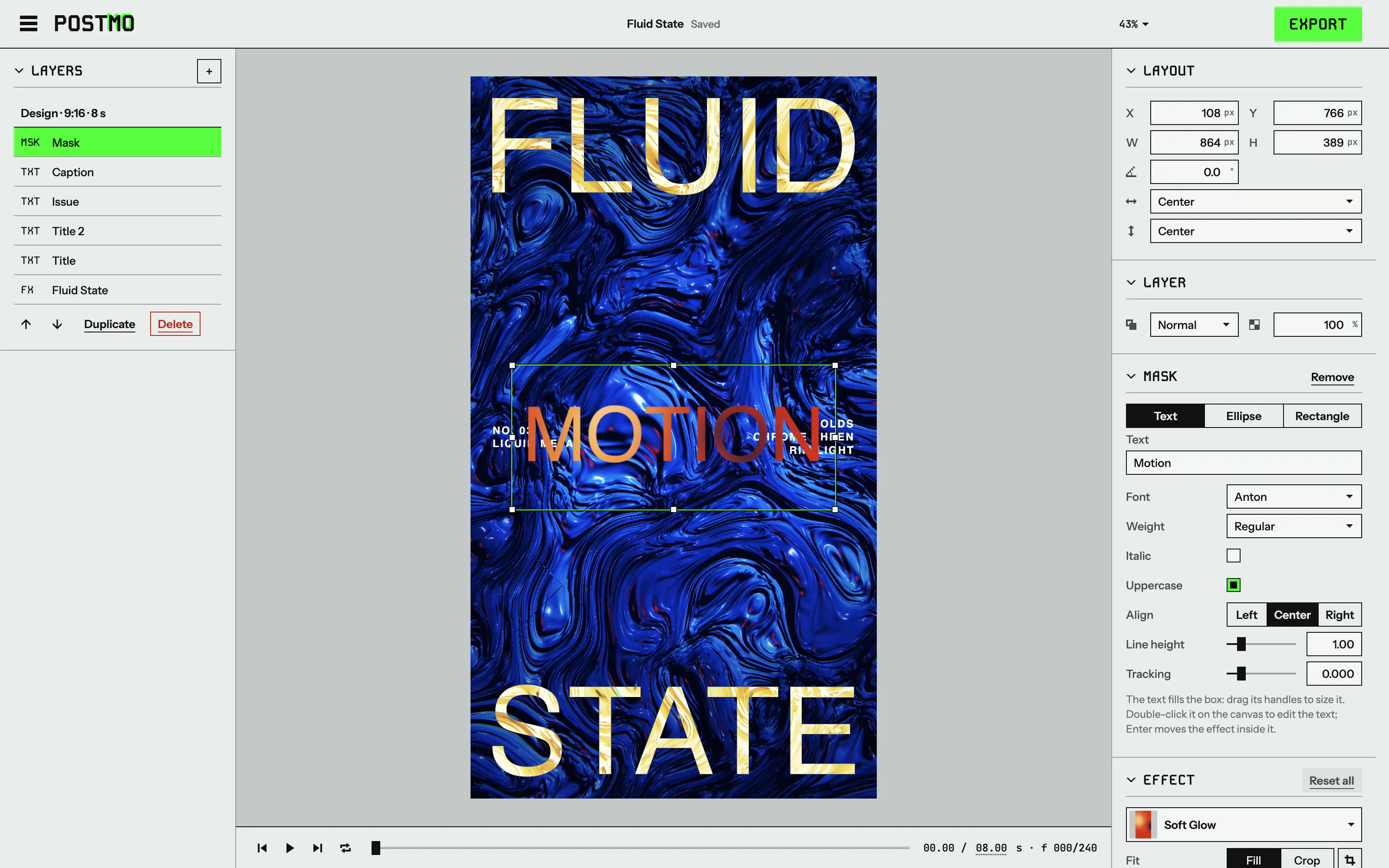 The Mask layer, with a shader showing through the word MOTION