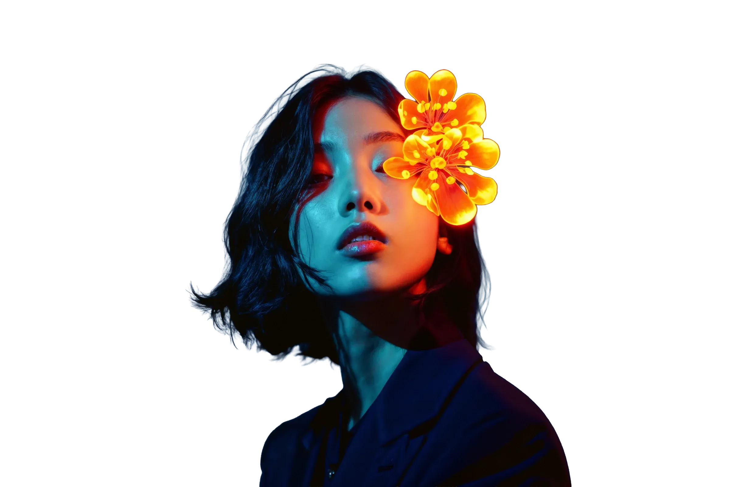 The portrait cut out from its background, with the flower still on the face