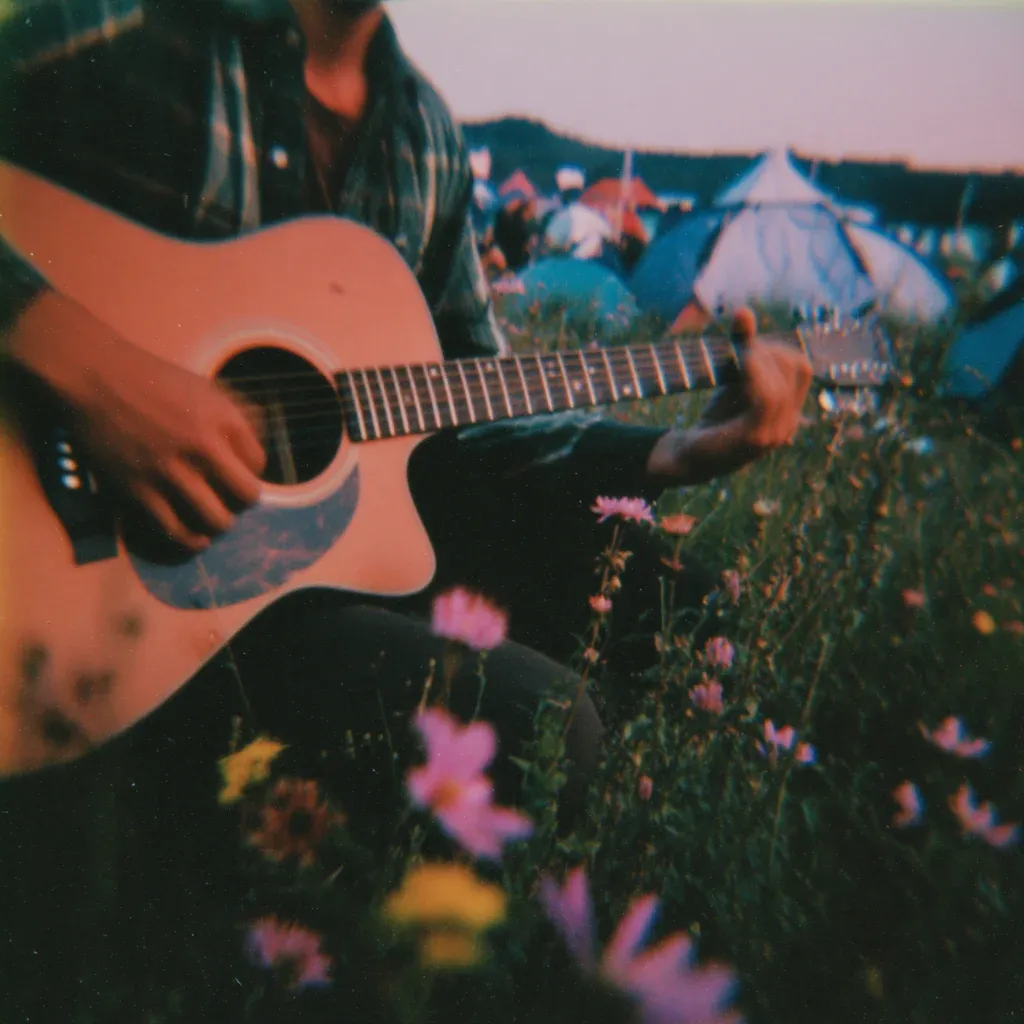 A film-style photo of a man playing acoustic guitar among wildflowers, with festival tents behind him