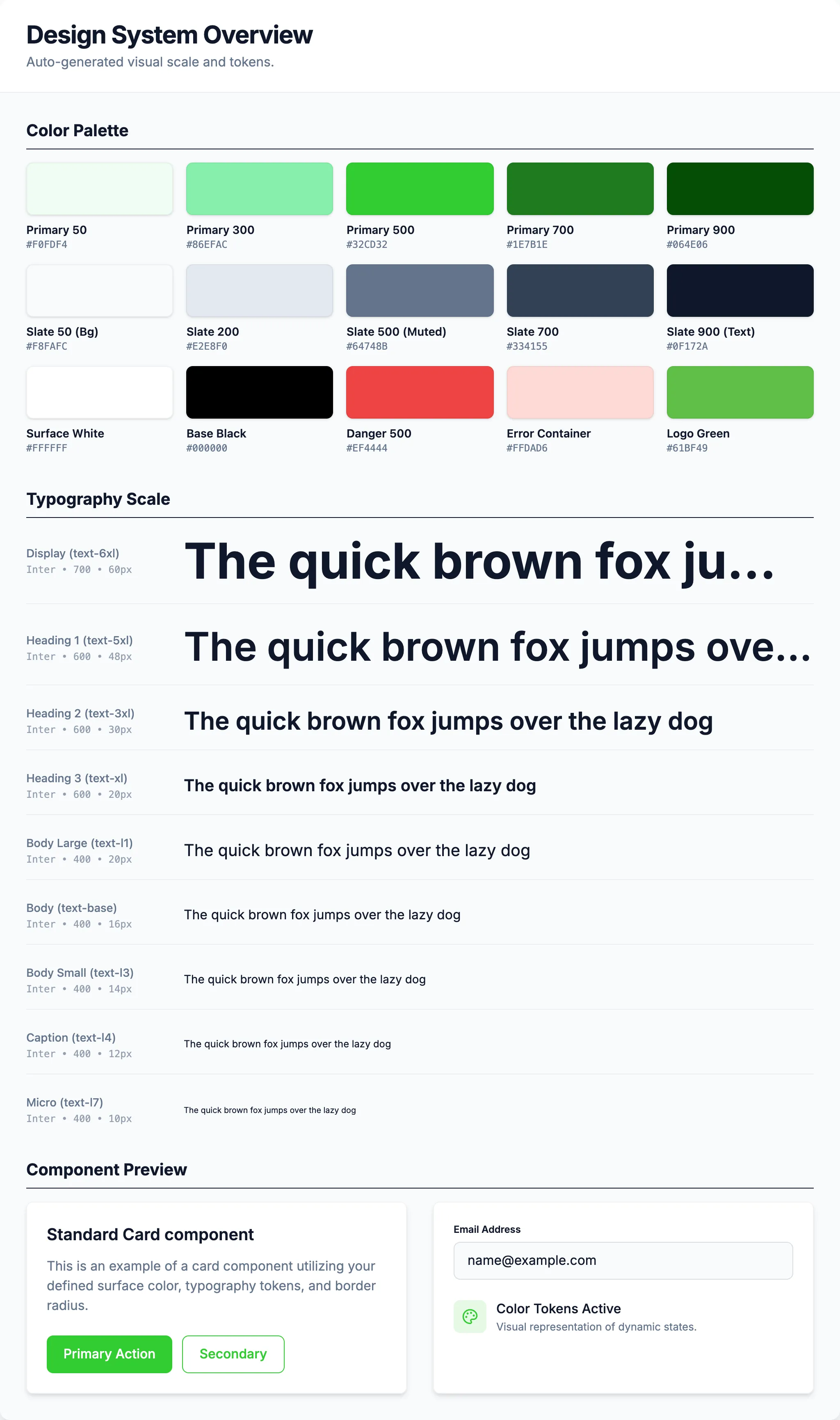 The design system overview: green, grey and status colour swatches, a type scale and two sample components