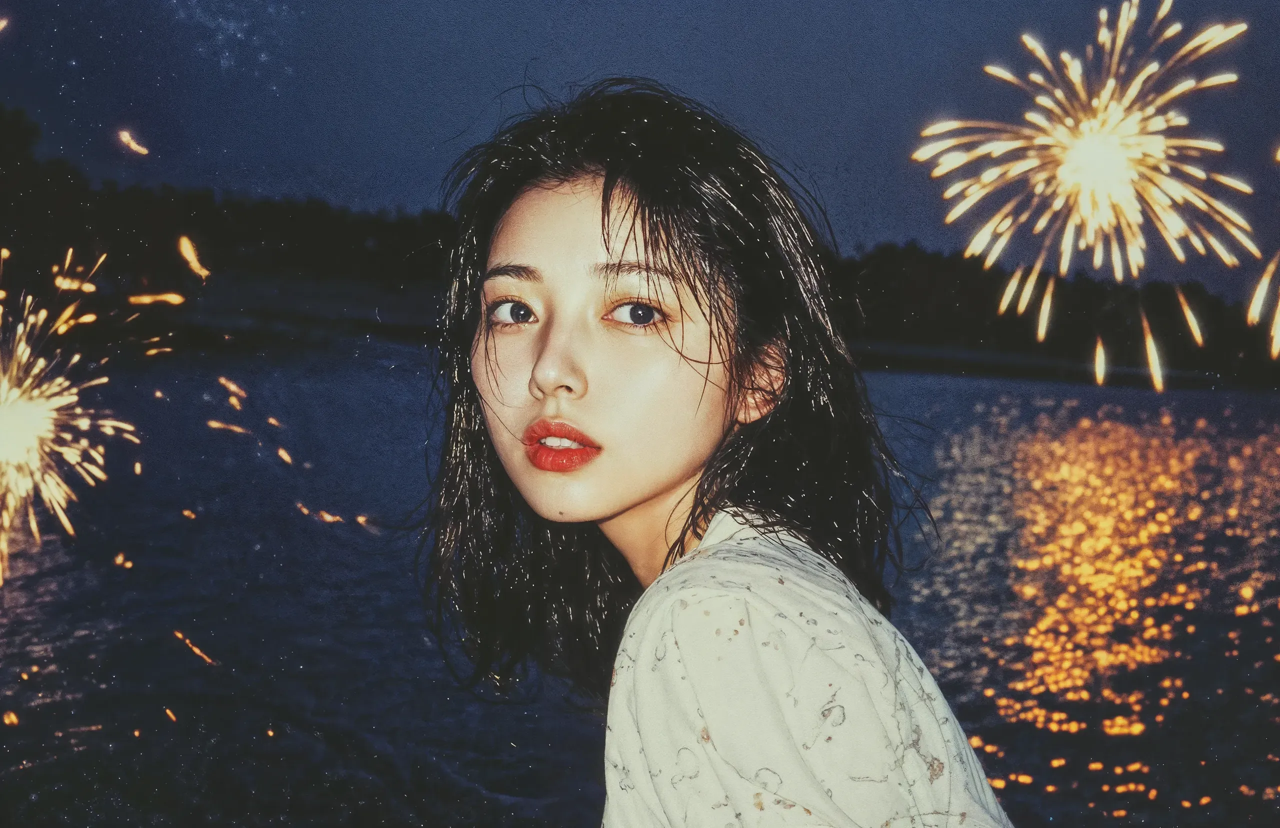 AI-generated portrait of a woman by a lake at night, looking back over her shoulder as fireworks burst over the water