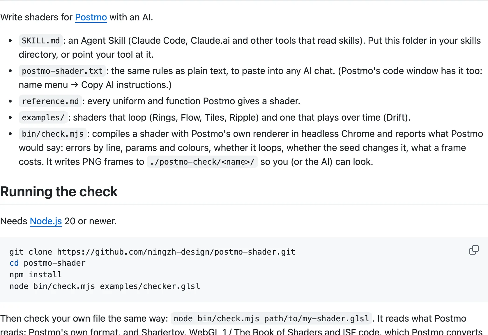 The README of the postmo-shader kit on GitHub