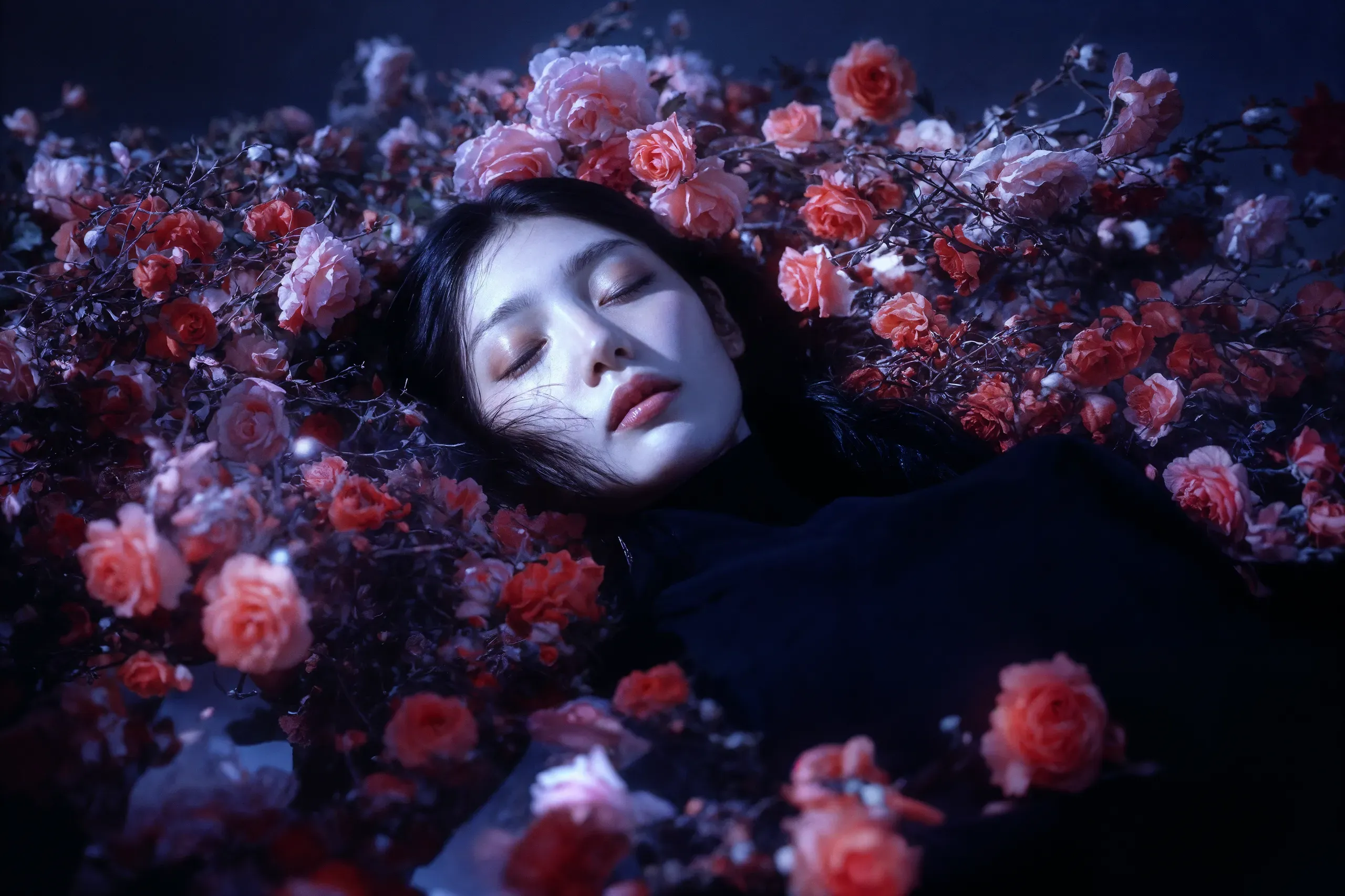 AI-generated portrait of a woman asleep in a dark field of pink and red roses