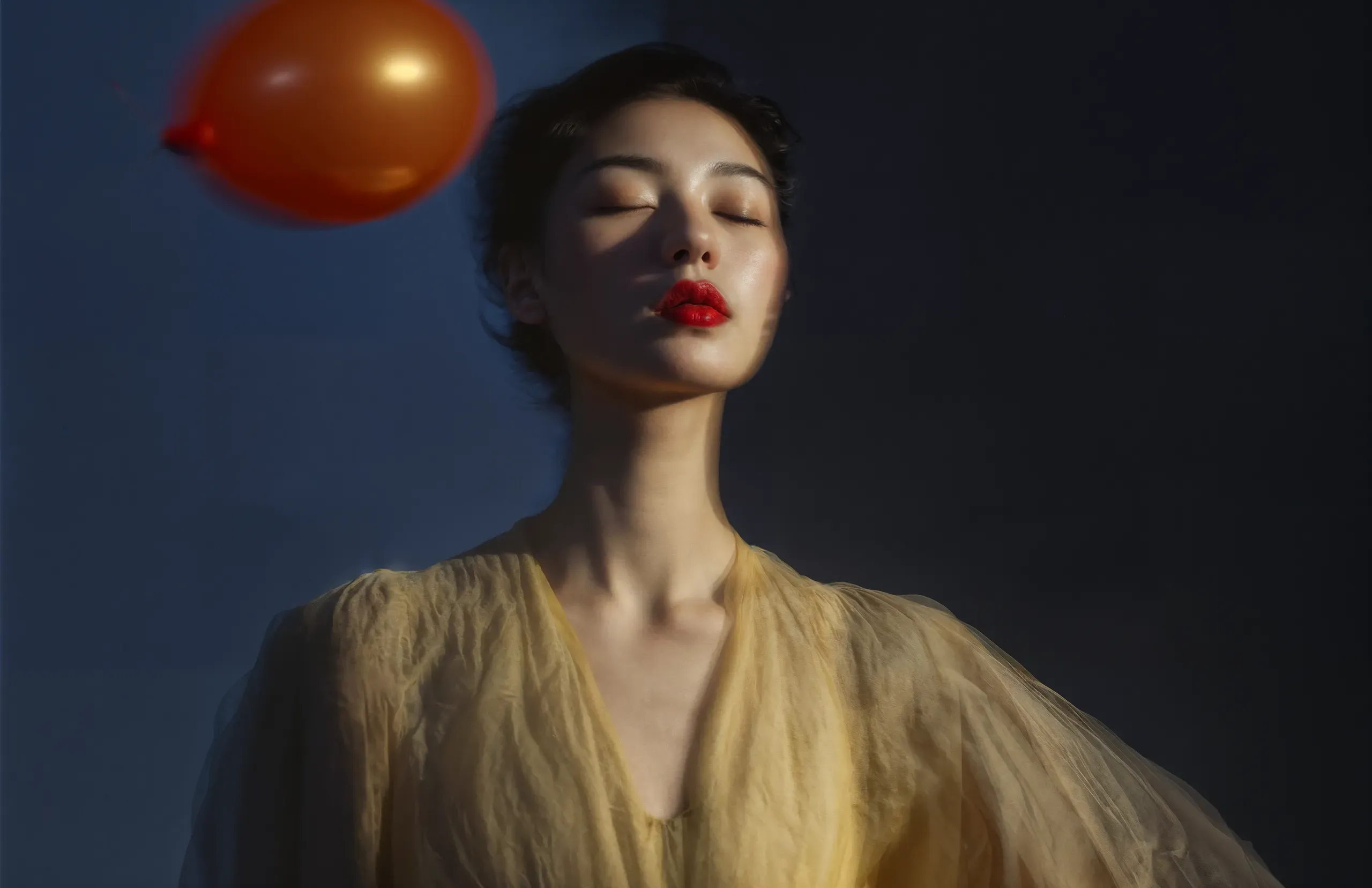 AI-generated portrait of a woman with red lipstick and closed eyes, a red balloon floating beside her head in the dark