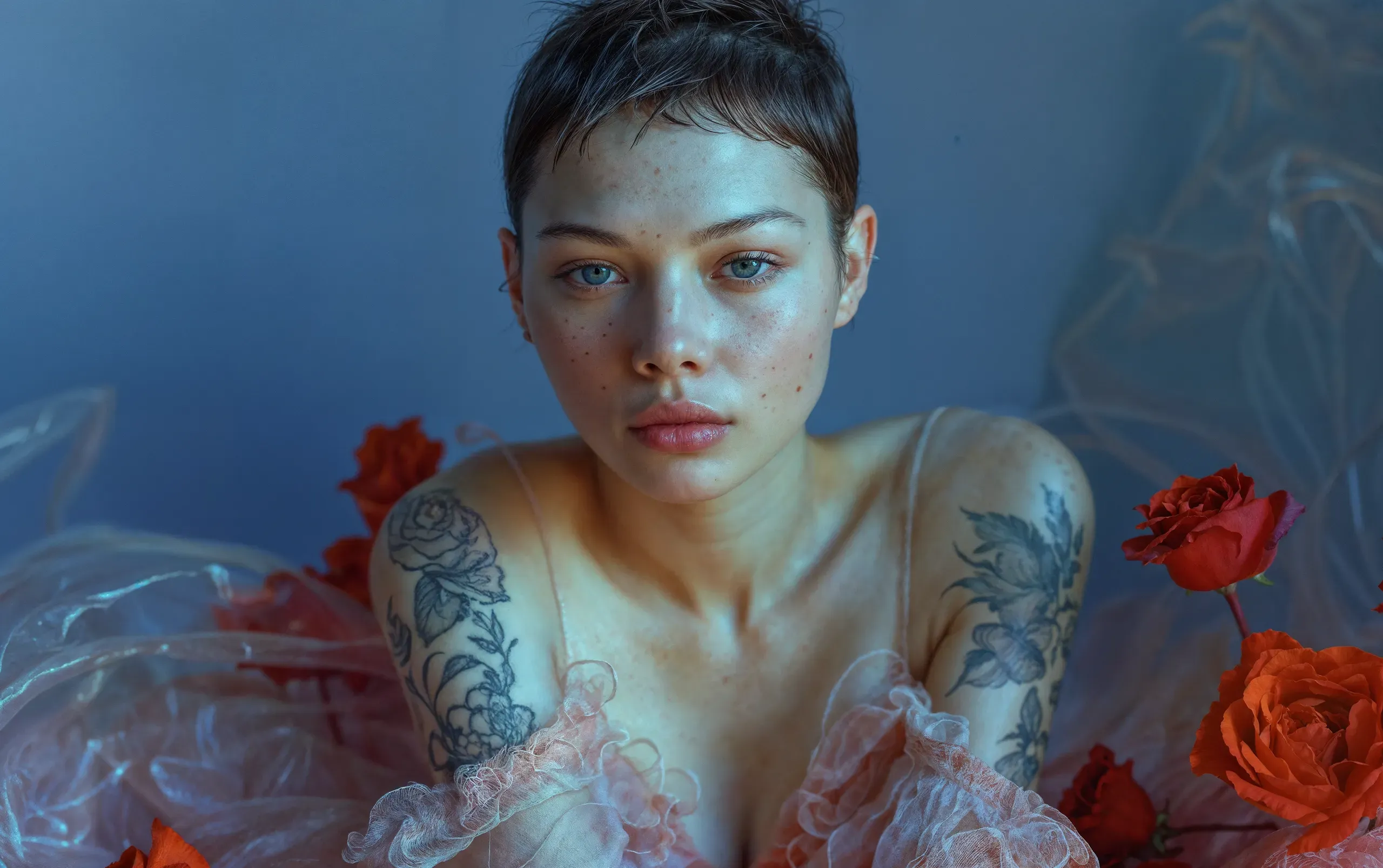 AI-generated portrait of a woman with cropped hair and tattooed arms, wrapped in sheer fabric among red roses