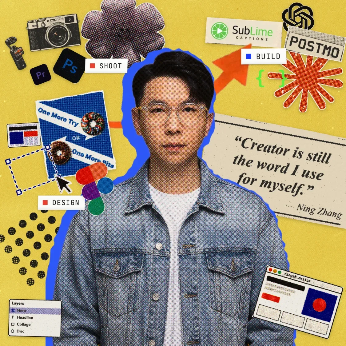 Me in a denim jacket, cut out against a yellow collage of my work. Cameras with Premiere Pro and Photoshop icons are labelled Shoot; the SubLime Captions and Postmo logos, an OpenAI logo and a pair of code braces, Build; a campaign poster under a selection box, with a Figma logo, Design. A newspaper clipping reads “Creator is still the word I use for myself.”